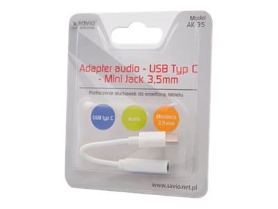 Savio AK-35, Valkoinen, USB C, 3.5mm, 0,12 m, Uros, Naaras