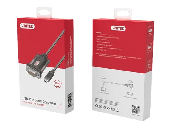 Unitek Y-1105K - USB / seriell kabel - 24 pin USB-C (hane) till RS-232 (hane) - 1.5 m - USB-ström, tumskruvar - svart