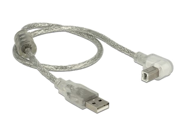 Delock - USB-kabel - USB (hann) til USB-type B (hann) - USB 2.0 - 50 cm - 90°-kontakt - gjennomsiktig