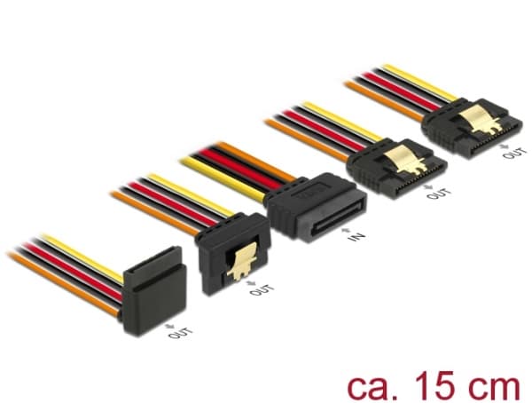 Delock - Strømsplitter - SATA-strøm (P) rett til SATA-strøm (R) vinklet / rett - 3.3 / 5 / 12 V - 15 cm - låst - svart, gul, rød, oransje
