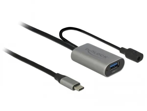 Delock - USB-jatkojohto - USB-C (uros) DC-liitäntään, USB Type A (naaras) - USB 3.1 Gen 1 - 5 m - harmaa, musta