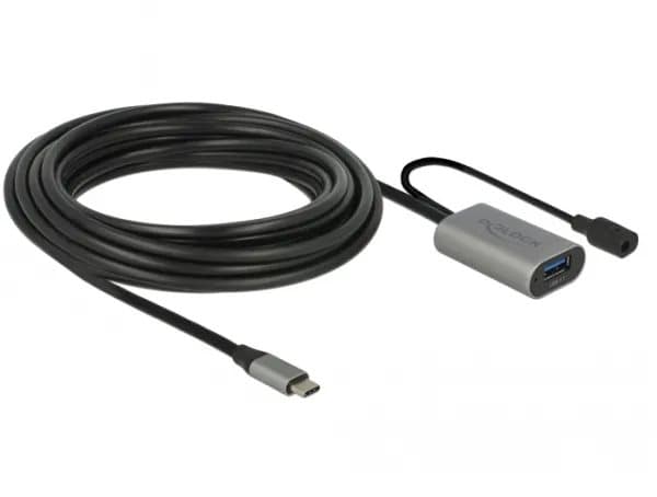 Delock - USB-jatkojohto - USB-C (uros) DC-liitäntään, USB Type A (naaras) - USB 3.1 Gen 1 - 5 m - harmaa, musta