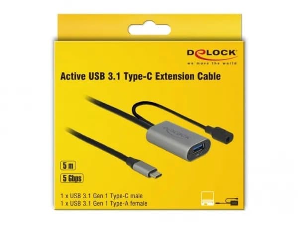 Delock - USB-forlengelseskabel - 24 pin USB-C (hann) til power DC jack, USB-type A (hunn) - USB 3.1 Gen 1 - 5 m - grå, svart