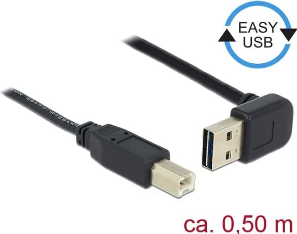 Delock Easy - USB-kabel - USB (hane) vinklad 90°, vändbar till USB typ B (hane) rak - USB 2.0 - 50 cm - svart