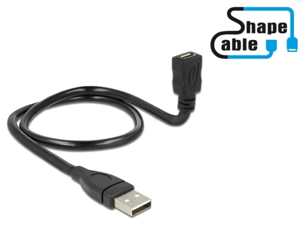 Delock ShapeCable - USB-förlängningskabel - mikro-USB typ B (hona) till USB (hane) - USB 2.0 - 50 cm - svart