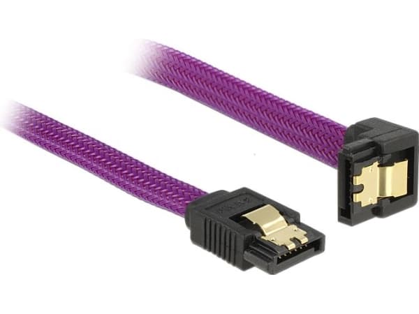 Delock Premium - SATA-kabel - Serial ATA 150/300/600 - SATA (hane) till SATA (hane) - 20 cm - 90° kontakt, sprintlåsning - lila