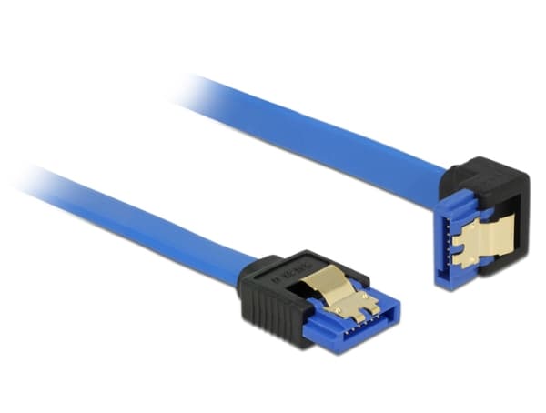Delock - SATA-kabel - Serial ATA 150/300/600 - SATA (R) rak till SATA (R) vinklad nedåt - 10 cm - sprintlåsning - blå