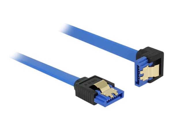 Delock - SATA-kabel - Serial ATA 150/300/600 - SATA (R) rak till SATA (R) vinklad nedåt - 10 cm - sprintlåsning - blå