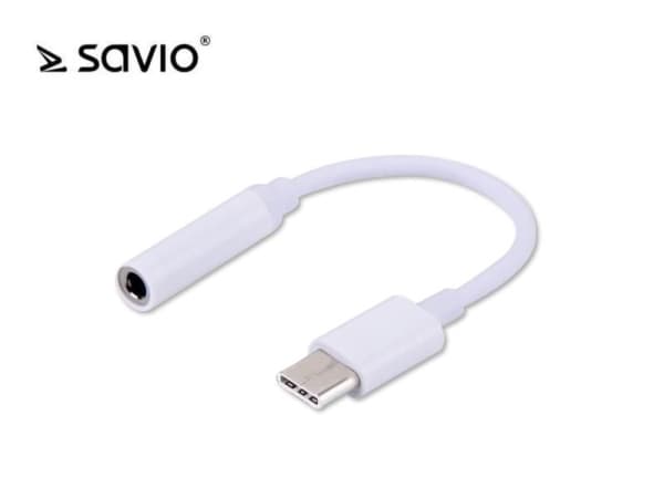 SAVIO AK-35 - USB-C til hodetelefonkontaktadapter - 24 pins USB-C hann til minitelefon stereo 3,5 mm hunn - 12 cm - hvit
