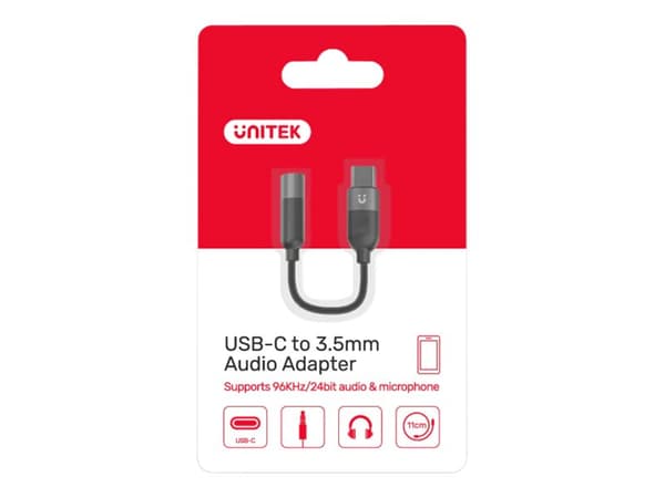 Unitek M1204A - USB-C til hovedtelefon jackstikadapter - 24 pins USB-C han til ministikk hun - 11 cm - sort