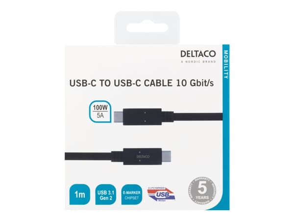 DELTACO - USB-kabel - USB-C (hane) till USB-C (hane) - USB 3.1 Gen 2 - 5 A - 1 m - USB-strömleverans (5A, 100W) - svart