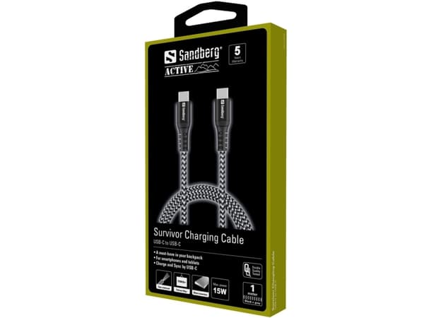 Sandberg Survivor USB-C- USB-C Cable 1M, 1 m, USB C, USB C, USB 2.0, Musta, Harmaa