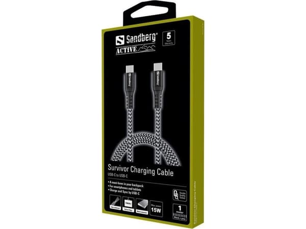 Sandberg Survivor USB-C- USB-C Cable 1M, 1 m, USB C, USB C, USB 2.0, Musta, Harmaa