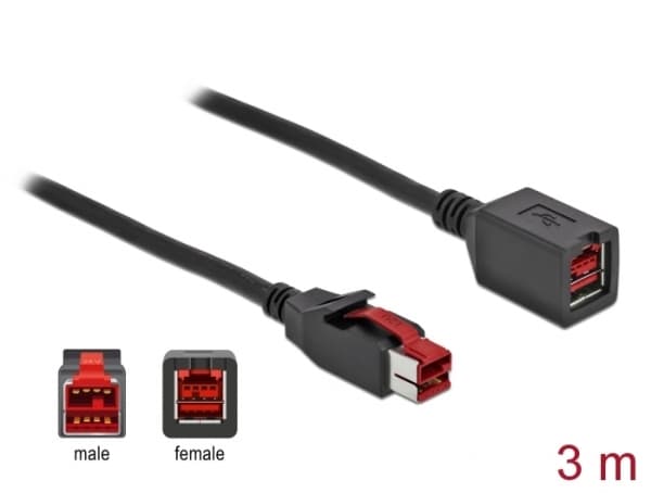 Delock - PoweredUSB extension cable - USB PlusPower (24 V) (hann) til USB PlusPower (24 V) (hunn) - 24 V - 3 m - svart