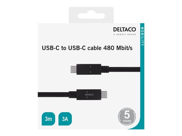 DELTACO - USB-kabel - USB-C (hane) till USB-C (hane) - USB 2.0 - 3 A - 3 m - svart