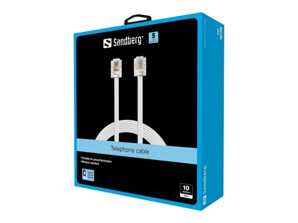 Sandberg Telephone RJ11-RJ11 10m, 10 m, RJ11, RJ11, Valkoinen, Uros, Uros