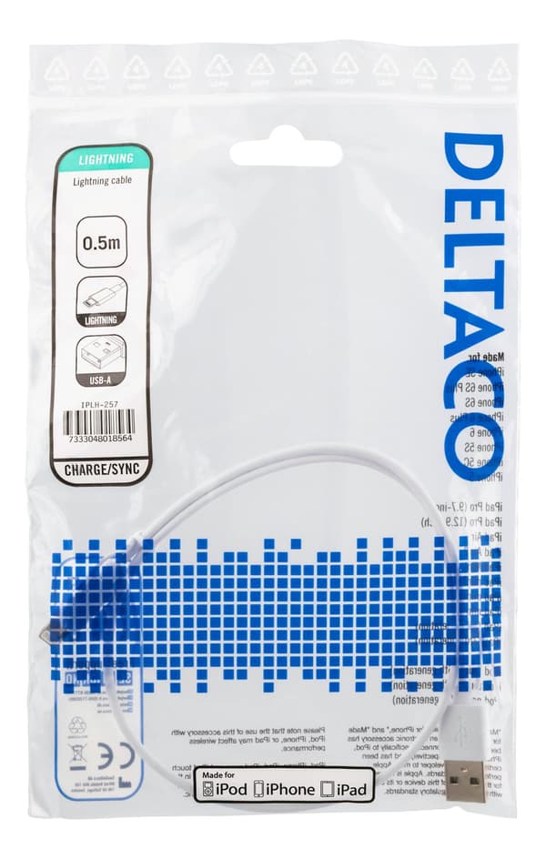 DELTACO USB-synk-/laddarkabel MFi USB Typ A-Lightning 50cm