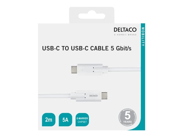 DELTACO - USB-kabel - 24 pin USB-C (hann) til 24 pin USB-C (hann) - 5 A - 2 m - hvit