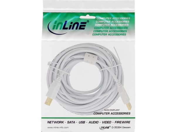 InLine 34550W, 10 m, USB A, USB B, USB 2.0, Hankjønn/hankjønn, Hvit