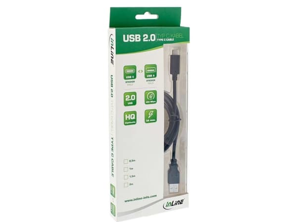 InLine USB C/USB A, 0,5 m, 0,5 m, USB C, USB A, USB 2.0, hane/kvinna, svart