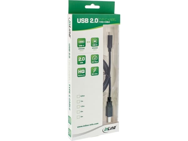 InLine 35765, 5 m, USB C, USB B, USB 2.0, hane/kvinna, svart