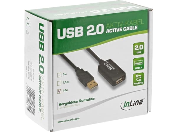 InLine 34613I, 20 m, USB A, USB A, USB 2.0, Hankjønn/hunkjønn, Sort