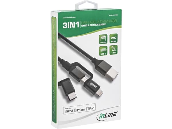 InLine 31415S, 1,5 m, USB A, Micro-USB B, USB 2.0, Hane/Hane, Svart