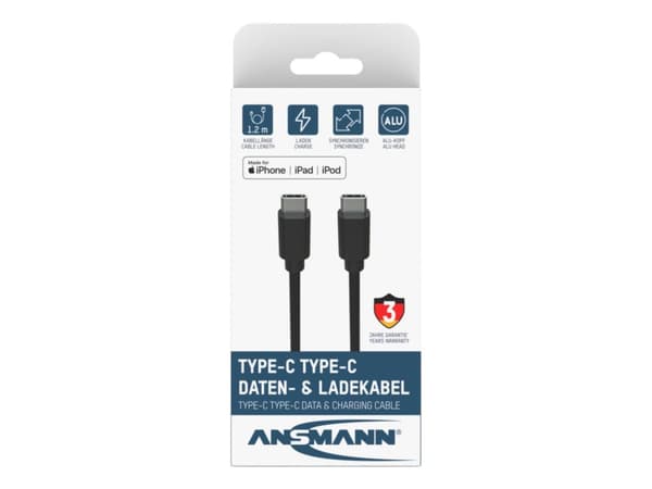 Ansmann 1700-0121, 0,12 m, USB C, USB C, 5000 Mbit/s, sortering