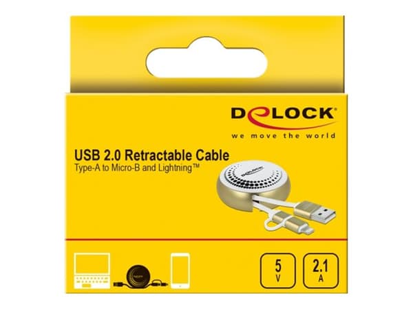Delock 2 in 1 - Lightning-kabel - USB hann til Micro-USB type B, Lightning hann - 92 cm - hvit, gull - tilbaketrekkbar, flat