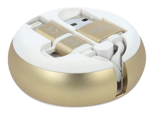 Delock 2 in 1 - Lightning-kabel - USB hann til Micro-USB type B, Lightning hann - 92 cm - hvit, gull - tilbaketrekkbar, flat