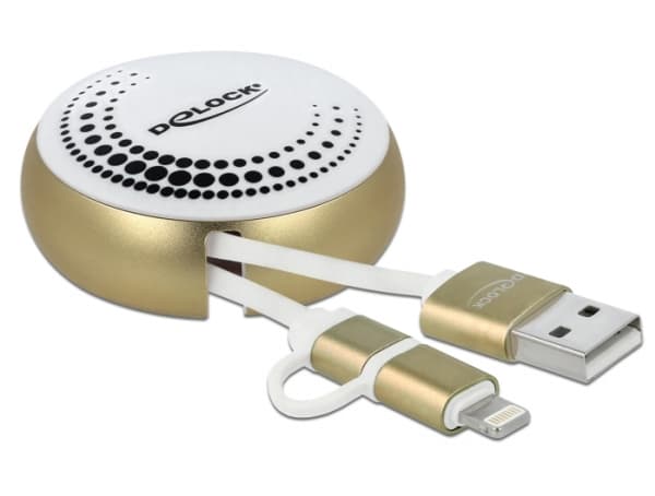 Delock 2 in 1 - Lightning-kabel - USB hann til Micro-USB type B, Lightning hann - 92 cm - hvit, gull - tilbaketrekkbar, flat