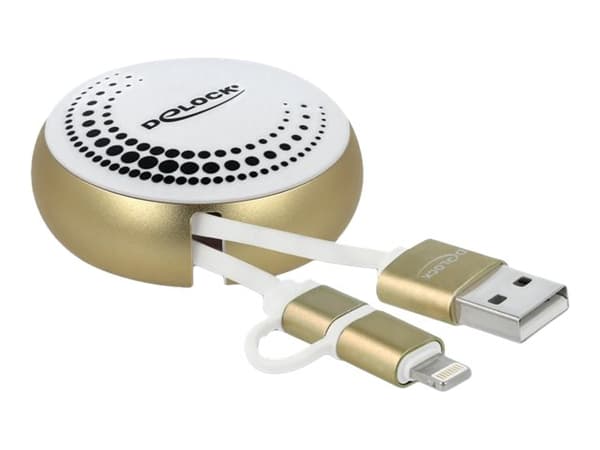 Delock 2 in 1 - Lightning-kabel - USB hann til Micro-USB type B, Lightning hann - 92 cm - hvit, gull - tilbaketrekkbar, flat