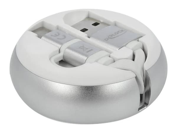 Delock 2 in 1 - USB-kabel - USB (hann) til Micro-USB type B, 24 pin USB-C (hann) - USB 2.0 - 5 V - 2.1 A - 92 cm - tilbaketrekkbar, flat - hvit, sølv