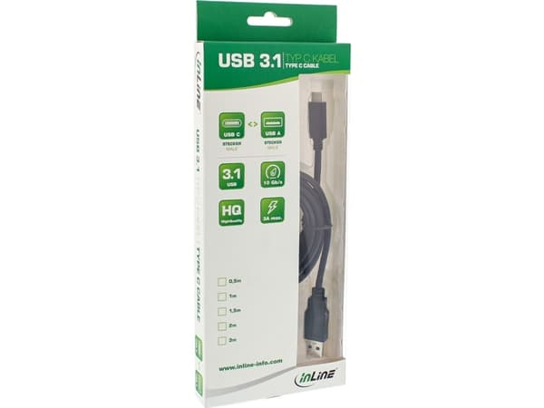 InLine 35717, 0,3 m, USB A, USB C, USB 3.2 Gen 2 (3.1 Gen 2), Sort