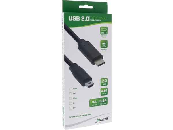 InLine USB C/USB Mini-B, 3 m, 3 m, USB C, Mini-USB B, USB 2.0, Man/Femal, Svart