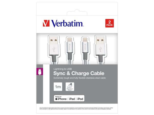 Verbatim 48872, 1 m, Lightning, USB A, Uros, Uros, Ruostumaton teräs, Valkoinen
