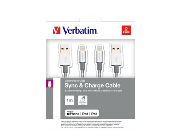 Verbatim 48872, 1 m, Lightning, USB A, Uros, Uros, Ruostumaton teräs, Valkoinen