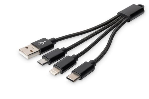 DIGITUS 3-in-1 Charger Cable - Lightning-kabel - USB hane till mikro-USB typ B, Lightning, 24 pin USB-C hane - 15 cm - svart