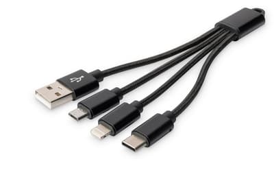 DIGITUS 3-in-1 Charger Cable - Lightning-kabel - USB hane till mikro-USB typ B, Lightning, 24 pin USB-C hane - 15 cm - svart
