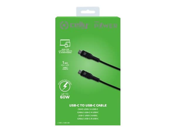 Celly - USB-kabel - 24 pin USB-C (hane) till 24 pin USB-C (hane) - 3 A - 1 m - USB Power Delivery (60W) - svart