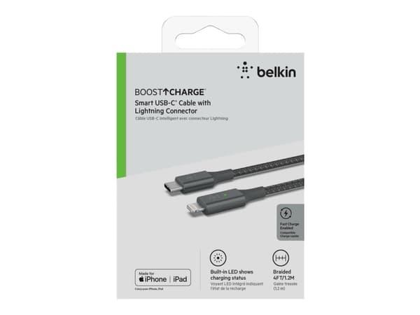 Belkin BoostCharge Smart - Lightning-kabel - 24 pin USB-C hann til Lightning hann - 1.2 m - grå - Power Delivery-støtte