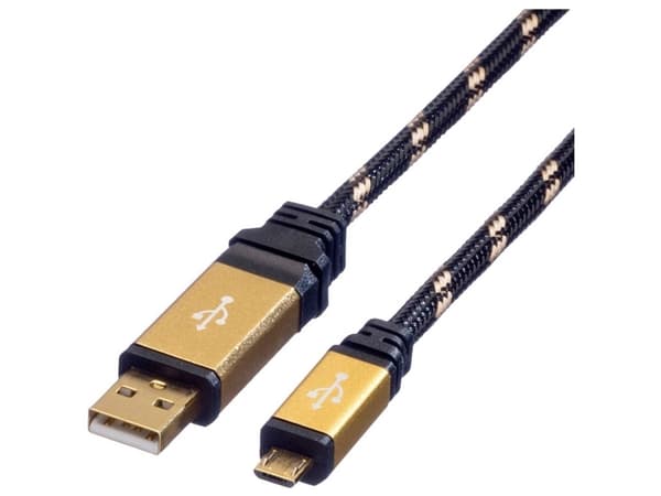ROLINE 11.02.8826, 1,8 m, USB A, Micro-USB B, USB 2.0, Hane/Hane, Svart, Guld