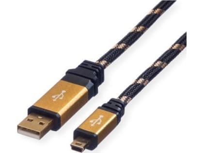 ROLINE 11.02.8821, 0,8 m, USB A, Mini-USB A, USB 2.0, hane/kvinna, svart, guld