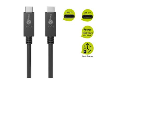 USB-C™-kabel, USB 3.2, 100 W, 20 Gbit/s, Power Delivery, 0,5 m, svart