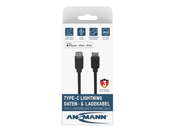 Ansmann 1700-0106, Sort, USB C, Lightning, 0,12 m, Hankjønn, Hankjønn