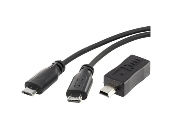 Renkforce USB-kabel USB 2.0 USB-micro-B-hanstik, USB-mini-B-hanstik 0.15 m Sort med OTG-funktion, SuperSoft-beklædning RF-3585876