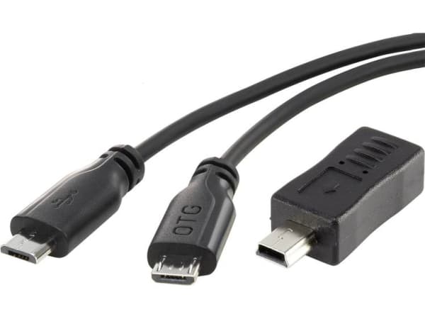 Renkforce USB-kabel USB 2.0 USB-micro-B-hanstik, USB-mini-B-hanstik 0.15 m Sort med OTG-funktion, SuperSoft-beklædning RF-3585876