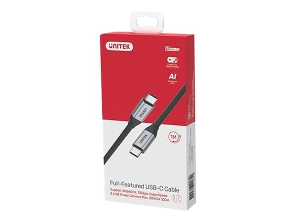Unitek - USB-kabel - 24 pin USB-C (hann) til 24 pin USB-C (hann) - USB 3.1 Gen 2 / Thunderbolt 3 - 20 V - 5 A - 1 m - USB Power Delivery (100 W), 4K-