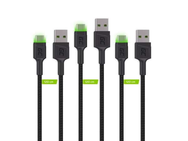 Green Cell GC Ray - USB-kabel - 24 pin USB-C (hane) grön LED-belysning till USB (hane) - USB 2.0 - 2.4 A - 2 m - svart (paket om 3)