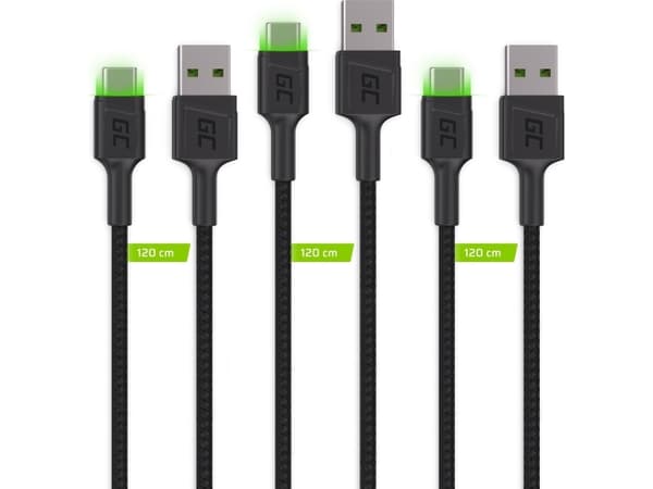 Green Cell GC Ray - USB-kabel - 24 pin USB-C (hane) grön LED-belysning till USB (hane) - USB 2.0 - 2.4 A - 2 m - svart (paket om 3)